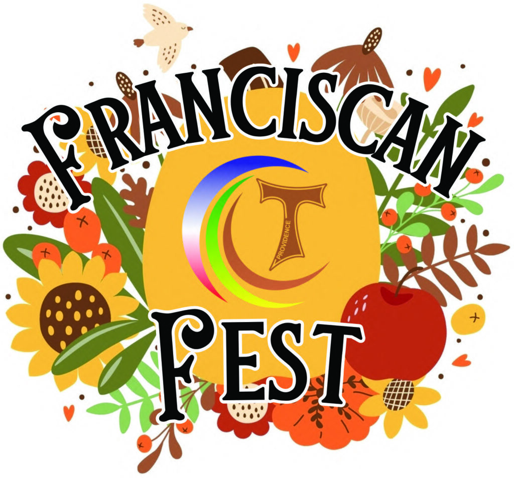 Franciscan Fest logo featuring sisters symbol on a pumpkin surrounded by autumn flowers, leaves and apples. 